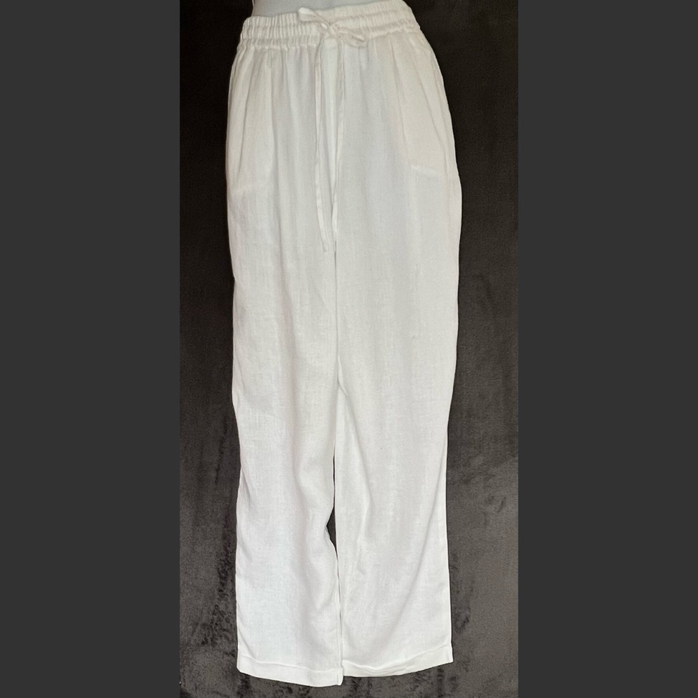 J. Crew Women’s White Linen Straight Leg Pants Elastic Waist Tie 27” Inseam